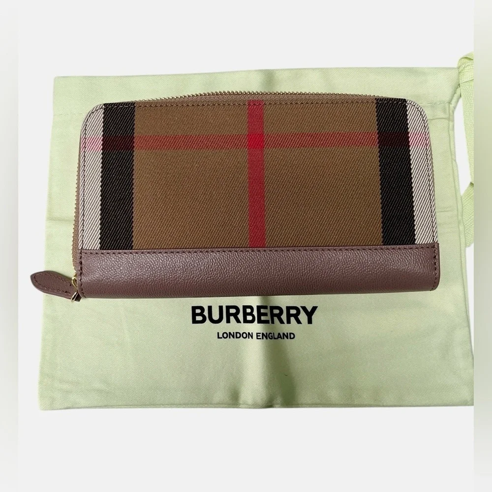 BURBERRY Large Zip Around Wallet Nova Check Dust Bag & Cards